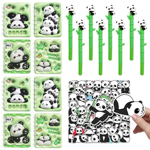 Yhjxly 66 pcs Panda Party Mitgebsel Set,Panda Kinder Geburtstag geschenk,8 Pcs Mini Notizbuch,8 Pcs Cartoon Panda Gelschreiber,50 Pcs Aufkleber,Panda Schreibwaren für Kinder Schule Bürobedarf