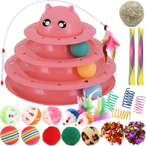 Speedy Panther 21 Pack Katzenspielzeug-Set für Indoor-Katzen, selbstspielendes interaktives Kätzchenspielzeug mit Katzenminzenball, Federstab, 3-stufiger Ballturm