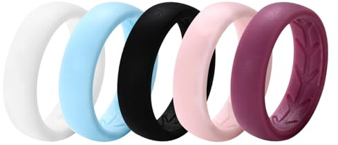 Oidea Women's Silicone Rings: 5 Colors 5.4mm Wide 1.7mm Thick Rubber Inner Arc Ergonomic Breathable Promise Engagement Wedding Bands Gift for Her, Size 8