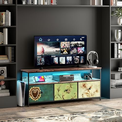 Henunem LED TV Schrank, Lowboard Fernsehschrank für kleinere Fernseher, TV-Tisch,LED-Farbwechsel 137cm Fernsehtisch mit offenem Stauraum und 3 Schubladen,TV Möbel, TV-Regal (Mehrfarbig, 137x30x57 cm)