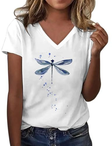 Significativo Camiseta informal para mujer, diseño espiritual natural, cuello de pico, manga corta, verano, estampado de libélulas, camiseta básica para el día a día, paseo, Style-y01 Blanco, L
