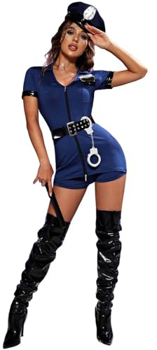 Nlaayong Damen Polizei Kostüm Lady Police Cosplay Frauen Sexy Polizistin Uniform Frech Offizier Outfit Sexy Cop Kleid Hut Gürtel Halloween-Kostüme