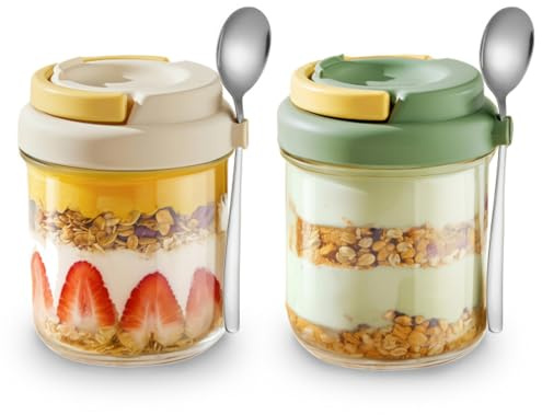 2 Pack Overnight Oats Jars, Overnight Oats Container with Lid and Spoon, Airtight Breakfast Jar, 14 Oz Glass Porridge Container to Go for oat, Pudding, Milk, Cereal, Fruit, Yogurt, Salad, Vegetable