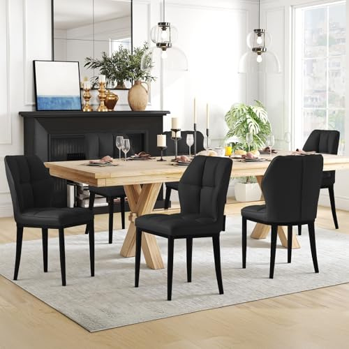 Bekrvio Esszimmerstühle 6er Set, Bis 150 kg Belastbar, Gepolsterte Küchenstühle aus Kunstleder, Hohe Rückenlehne mit Rautensteppung, Moderne Esszimmerstühle für Esszimmer & Wohnküche Schwarz