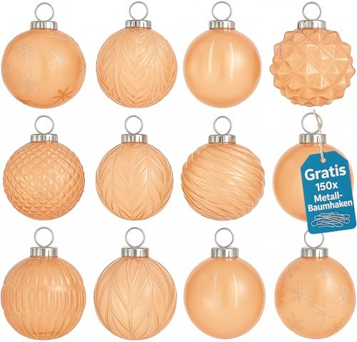Weihnachtskugeln Glas 12er Set – Premium Christbaumkugeln 8 cm Handbemalt Glaskugeln für Weihnachtsbaum Adventskranz Inkl. 150 Metall-Baumhaken - Beige 00199