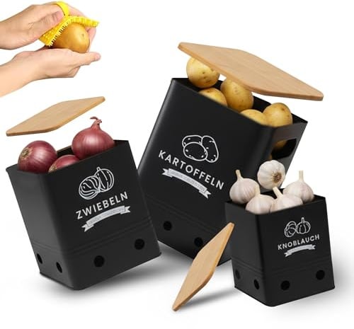 AH® klein Kartoffel Aufbewahrungsbox inkl. Gemüsebürste [3er Set] - Hält Gemüse Länger Frisch - Idealer Weg für Zwiebel, Kartoffel und Knoblauch Aufbewahrung