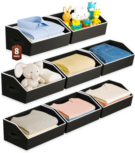 Homsorout Fabric Storage Box - 8 Pack Sloped Front Wardrobe Organiser Black | Foldable Open Baskets Bins with Handles, Spaces-saving Containers for Clothes, Handbags, Towels, Book, Shelf, Office, Rooms