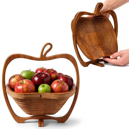 Foldable Bamboo Fruit Basket Collapsible Wooden Fruit Bowl for Kitchen Counter & Dining Table Folding Basket for Bread, Snacks and Home Decor Natural Brown