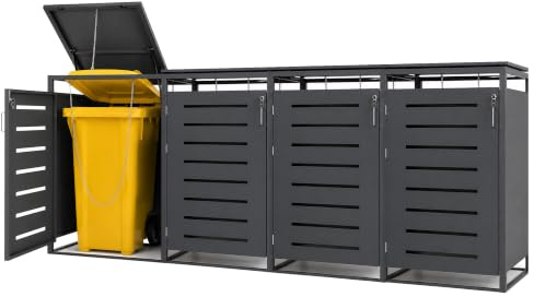 Mega Holz Mülltonnenbox 4er Set, abschließbare Müllbox, je 240 Liter | Mülltonnenverkleidung für draußen, 264 x 80 x 117 cm, Mülltonnenverkleidung, 60 bis 240 Liter Tonnen, Stahl pulverbeschichtet