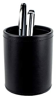 DELMON VARONE - Stifteköcher aus Premium Boxcalf Leder schwarz, Echtleder Stiftebecher mit PU Innenverkleidung und rutschfester Vliesunterseite, Eleganter Stiftehalter rund für Schreibtisch und Büro