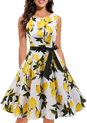 Gardenwed Robe de Soirée Cocktail Vintage Femme Années 40 50 60 Pin up Style Audrey Hepburn Rockabilly Swing Col Rond sans Manche Lemon Flower 3XL