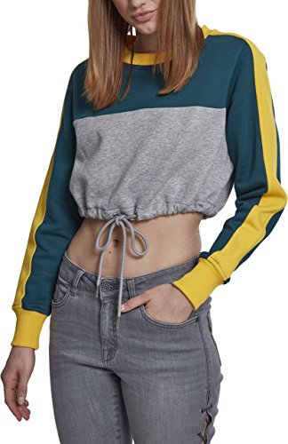 Urban Classics Damen Regular Fit Pullover Ladies Cropped 3 - Tone Stripe Crew TB1987, Gr. X-Small (Herstellergröße: XS), Mehrfarbig (Grey/Jasper/Chromeyellow 01324)