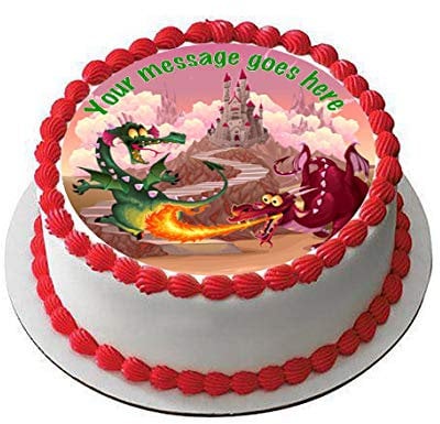 Dragons 19 cm round fondant icing edible cake topper and printed with your custom greeting