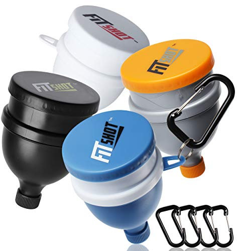 FitShot Protein Powder Funnel– Supplement Funnel with Keychain 4pack, Water Bottle Funnels, BPA Free, 2 in 1,Portable 120ml with Pillbox,Pre Workout Protein Powder Container to go