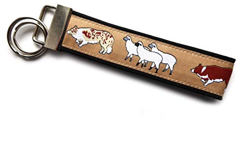 Schlüsselanhänger Schlüsselband Border Collie und Schafe aus Baumwollstoff und Webband