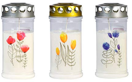 JEKA Gedenk-Kerze - Grabkerzen mit Motiv 3er Set Blütezeit aus 100% Pflanzenöl und bis zu 4 Tagen Brenndauer