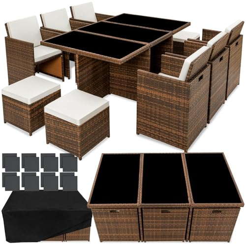 tectake Polyrattan Gartenmöbel Set, Sitzgruppe mit 6 Stühle +1 Glasplatte Tisch + 4 Hocker, Gartenlounge Set klappbar, bis zu 10 Personen, Balkon Möbel, inkl. 2 Bezugsset - schwarz/braun