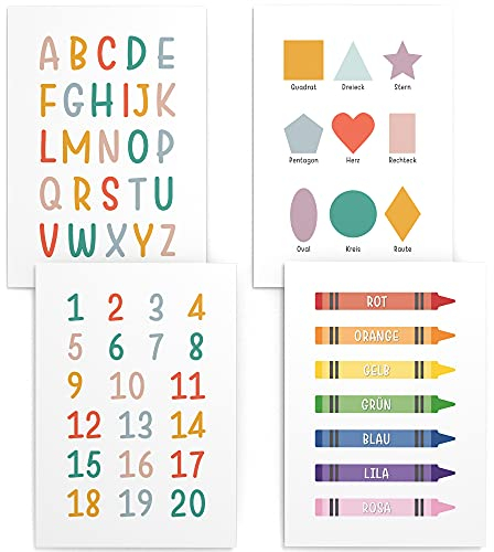 Papierschmiede® Kinderposter 4er Set Lernposter, 30x40 cm Wanddeko, Geschenk für Mädchen & Jungen Kinderzimmer, bunte Buchstaben Einschulung, ABC Zahlen Farben Formen