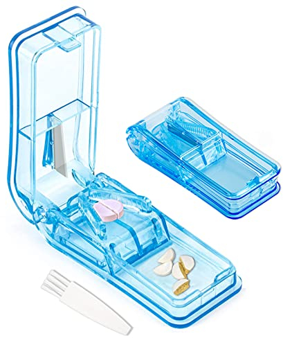 Coupe-comprimés à Pilules pour Petits et Gros Cachets, Séparateur de Comprimés avec Lame pour Fendre vos Pilules et Comprimés en Demi et Transporter vos Médicaments (Bleu)