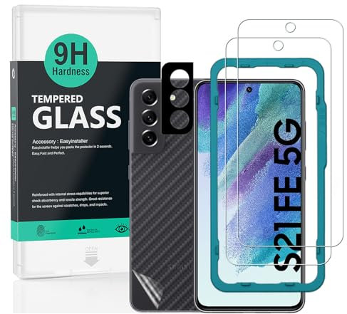 Ibywind 2 pièces Verre Trempé de Protection pour SamSung Galaxy S21 FE 5G/4G,vec Métal Protecteur D'écran de Caméra,Protection arrière Effet Fibre de Carbone,avec Une kit d'installation Facile