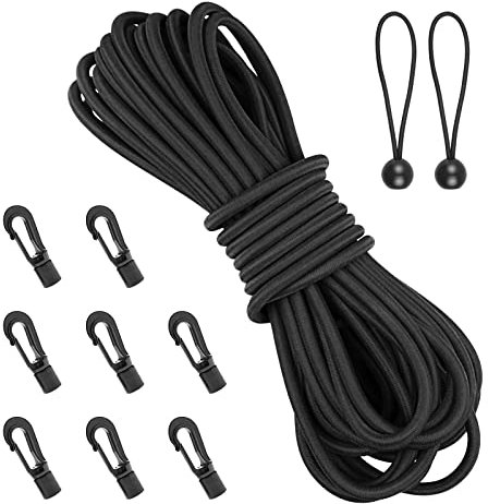 Bungee Shock Cord,Elastic Rope,Bungee Straps,Kayak Elastic Cord,Marine Grade Shock Cord Ends,Kayak Bungee Cord Replacement Kit,Stretch String with Hooks& Bungees Ball Cords - 1/4'' x 19.6ft, Black