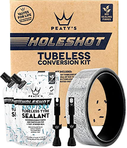 Peaty's Holeshot Tubeless-Umrüstkit - Enduro und DH, 30mm Felgenband, 42mm Tubeless Ventil, 2 x 120ml Biofibre Reifendichtmittel Fahrrad, Felgen- und Pannenschutz Fahrrad, Zubehör für Reifen & Felgen