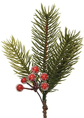 Künstliche Tannenzweige am Stiel 20cm PE Spritzguss Kunststoff Dekozweige mit Beeren klein grün rot