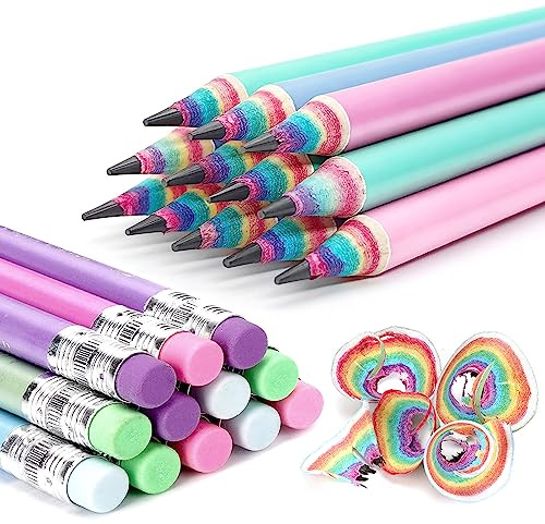 Hanffero Rainbow Pencils, Writing Drawing Pencil with Rubber, Recyclable Paper Material, Pre-Sharpened, for School and Office - Hardness #2 HB (Pack of 12)