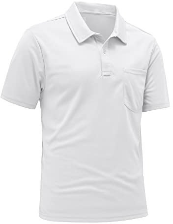 Rdruko Mens Polo T-Shirts Short Sleeve with Pocket Breathable Polyester Golf Polo Shirts Casual Work Wear White M
