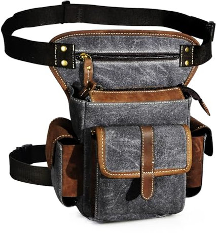 Herren Canvas + Leder Motorrad Reiten Tasche Beinbeutel Beintasche Außenbeintasche Hüfttasche Drop Leg Tasche FB913-5 (Grau)