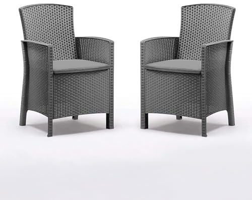 Gartenstühle 2er Set wetterfest - Outdoor Sessel in Rattan Optik - 2 Stühle aus Polypropylen - Gartenstühle mit Rücken - 2X Gartensessel mit Sitzkissen - für Garten, Terrasse & Balkon - Anthrazit