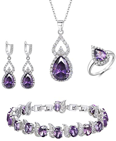 Clearine Schmuck-Set für Damen versilbert lila Teardrop Zirkonia Halskette offen verstellbaren Ring Ohrringe Armband Set für Hochzeit/Jubiläum/Muttertag
