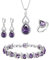 Clearine Gioielli Set per Donne Argento Placcato Viola Goccia Zirconia cubica Collana Anello Aperto Regolabile Orecchini Bracciale Set per Matrimonio/Anniversario/Festa della Mamma