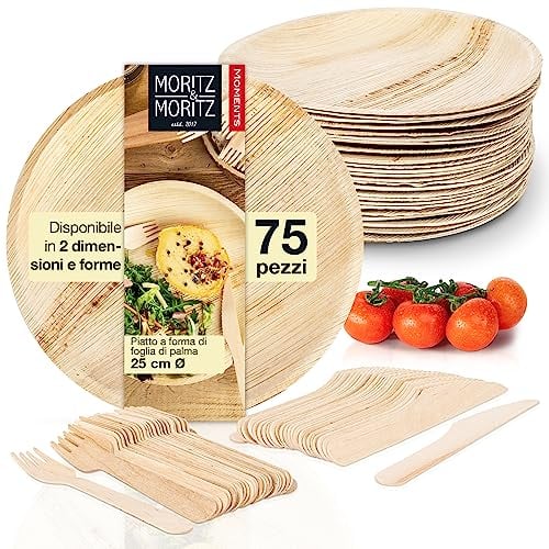 Moritz & Moritz Vajilla de 75 piezas de hoja de palmera redonda de 25 cm Ø incl. cubiertos desechables - 25 platos desechables sostenibles - alternativa a la vajilla de bambú y los platos de bambú