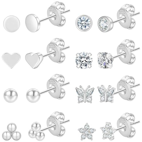 PRETOLE 8 Paar Sterling Silber Ohrstecker für Damen, S925 Silber Winzige Ohrstecker Set für mehrere Piercing Knorpel Hypoallergene Ohrringe Zirkonia Kleine Ohrstecker für Mädchen Männer
