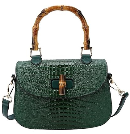 Damen-Handtasche, Kunstleder, Bambus, Tragegriff oben, elegante Geldbörse, Abendtasche, Geschenk für Frauen, handgefertigt., Grün