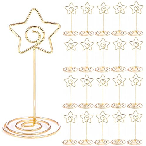 Lot de 20 supports pour numéro de table, 8,5 cm, porte-cartes de table, porte-cartes de table, porte-photo pour centres de table, mariage, fête, anniversaire (forme d'étoile, doré)