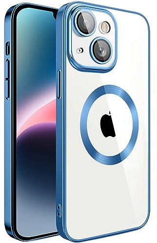 S. Dawezo Klare Magnetische Hülle für iPhone 14 Plus, kompatibel mit MagSafe, Militärnorm Schutz, Kratzfest, Stoßfest, Schlanke Transparente Silikonhülle für iPhone 14 Plus Hülle, Blau