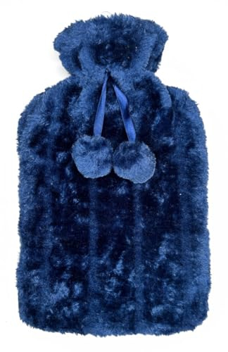 ZYBUX Cosy Hot Water Bottle with Cover - 2L Leakproof Natural Rubber Bottle Warmer with Washable Fluffy Faux Fur Cover, Long-Lasting Heat Retention for Winter Comfort and Warmth - Dark Blue