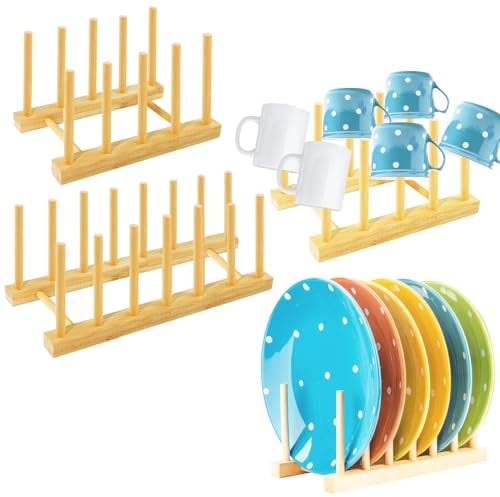 Bohoray Rangement Assiette en Bois, Porte Organisateur Vaisselle, 2 Tailles pour Bol, Tasses, CD, Livre (4 & 6 Fentes)