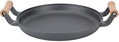 Verdant Touch Sartenes para asar carne, sartén para barbacoa con asas de madera dobles redondas de hierro fundido para asar carne, sartenes para asar, 30 cm