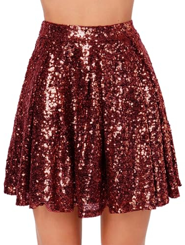 Pailletten Rock Damen Gold Glitzer Plisseerock Shiny Metallischer Faltenrock Rave Party Paillettenrock Mini Skaterrock Karneval Glitzerrock Kostüm