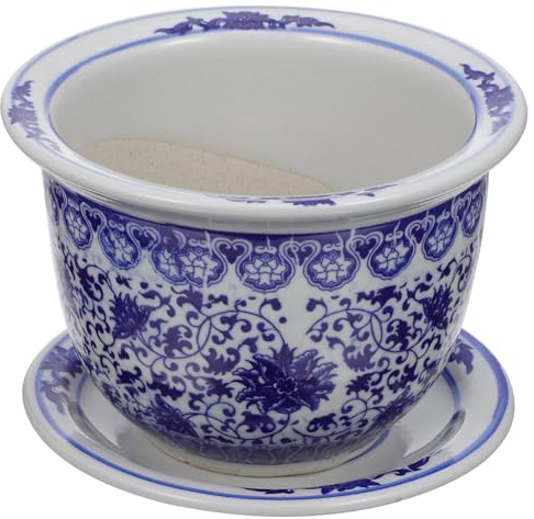 BESPORTBLE Pot De Fleur en Porcelaine Bleue Et Blanche Céramique Chinoise avec Plateau De Soucoupe Récipient pour Plantes avec Trou De Drainage Bonsaï pour La Décoration De Jardin De Bureau