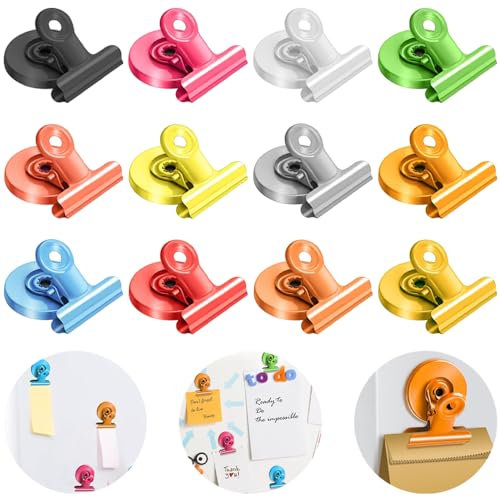 Fridge Magnets, 12 PCS Fridge Magnetic Clips, Magnetic Bulldog Clips, Colorful Whiteboard Magnets for Whiteboard Notice Board Refrigerator Picture Memo Note Home Office Magnets Clips 39 x 30 mm