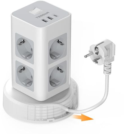 TESSAN Regleta Enchufes con USB C, 11 en 1 Regleta Vertical con Interruptor, Torre Alargador Enchufe con Cable de Extensión Retráctil 2M, 2500W para Hogar, Cocina
