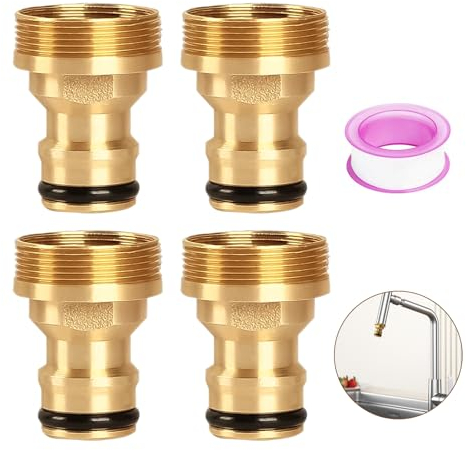 4 Pcs Universal Tap Connector with Waterproof Tape Set, Brass Kitchen Tap Connector, 22mm Female 24mm Male Kitchen Mixer Tap Hose Connector, Hose Tap Connector for Kitchen Tap, Bathroom, Garden