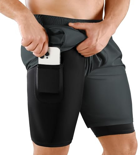 Niksa 1er Pack Herren 2 in 1 Shorts Schnelltrocknende Sporthose Herren Kurz 7 Atmungsaktiv Laufshorts mit Handytasche Sport Shorts, Grau, L