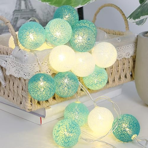 EvaStary Fairy Lights Battery Operated, 9.8FT/20LED Cotton Ball String Lights, Indoor Outdoor Decorative Lighting for Kids Bedroom Christmas Wedding Festival Party (Green)