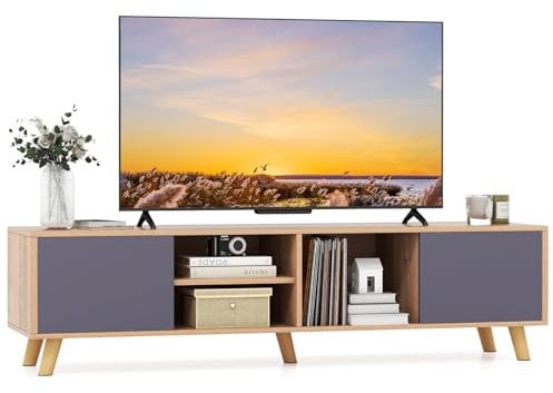 COSTWAY TV Stand for TVs up to 65 Inches, Wooden TV Cabinet Media Entertainment Center with 2 Doors, Open Storage Shelves and 5 Support Legs, 152cm TV Unit Console Table for Living Room Bedroom