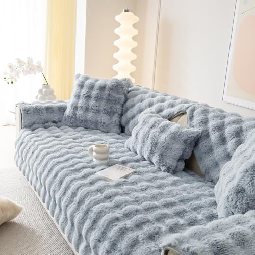 Alishomtll Plüsch Sofabezug Ecksofa 1/2/3/4 Sitzer, Universelle rutschfeste Sofa Überzug, L Form Couch Überzug Sofaschoner, Waschbar Sofaüberwurfe Sofadecke für Wohnzimmer, Hellgrau 70x150cm